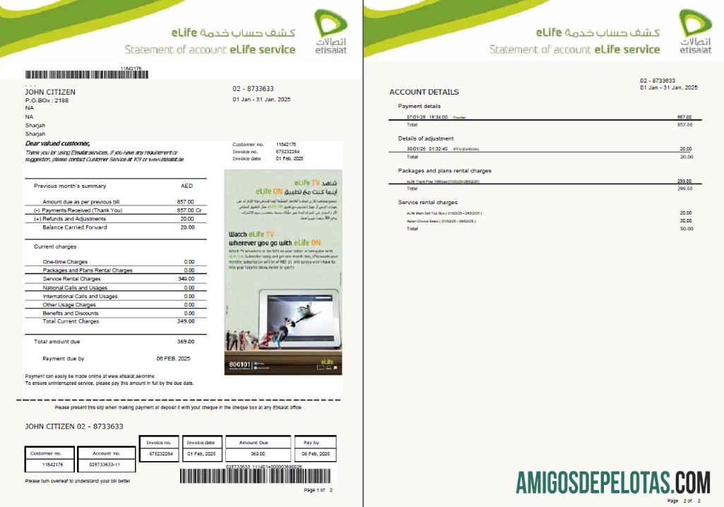 realista Modelo de conta de serviços públicos Etisalat dos Emirados Árabes Unidos em formatos Word e PDF, 2 páginas, versão 2